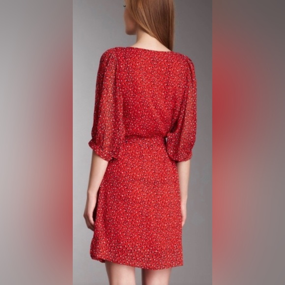 French Connection Warm Red Calypso Flower Mini Tunic Dress 1/2 Dolman Sleeves - Picture 5 of 9